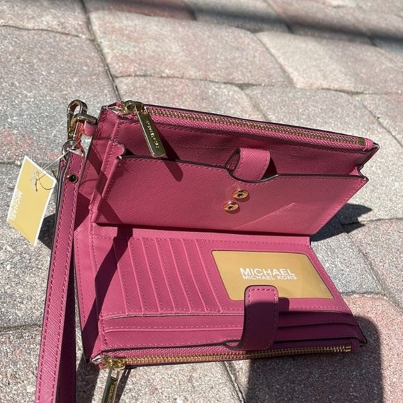 Michael Kors Jet Set Travel Large Double Zip Wristlet Wallet Rosewood Leather - Picture 11 of 16